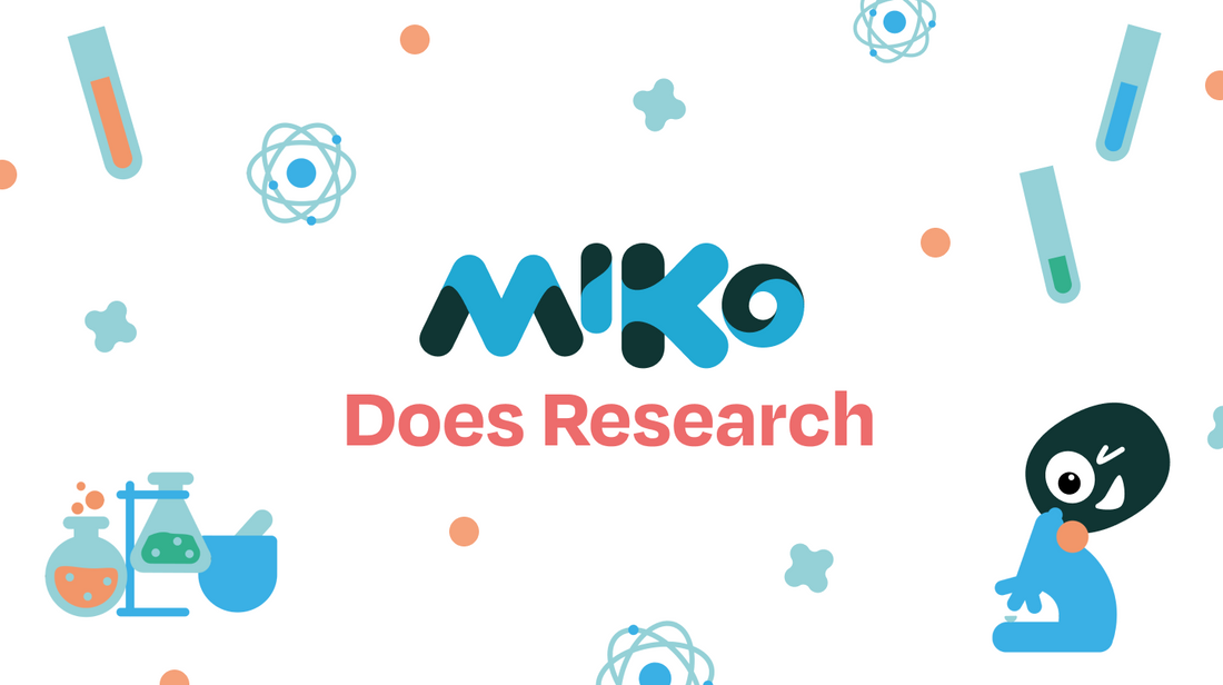 "Miko Does Research" with a Miko face looking into a microscope.